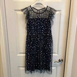 Nicki’s Lew Girls Blue Ruffled Party Dress with Crew Neck silver stars EUC